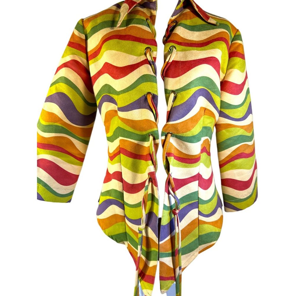 Annalese Jacket Women XS Retro Wavy Print Lace Tie Closure - Picture 2 of 8